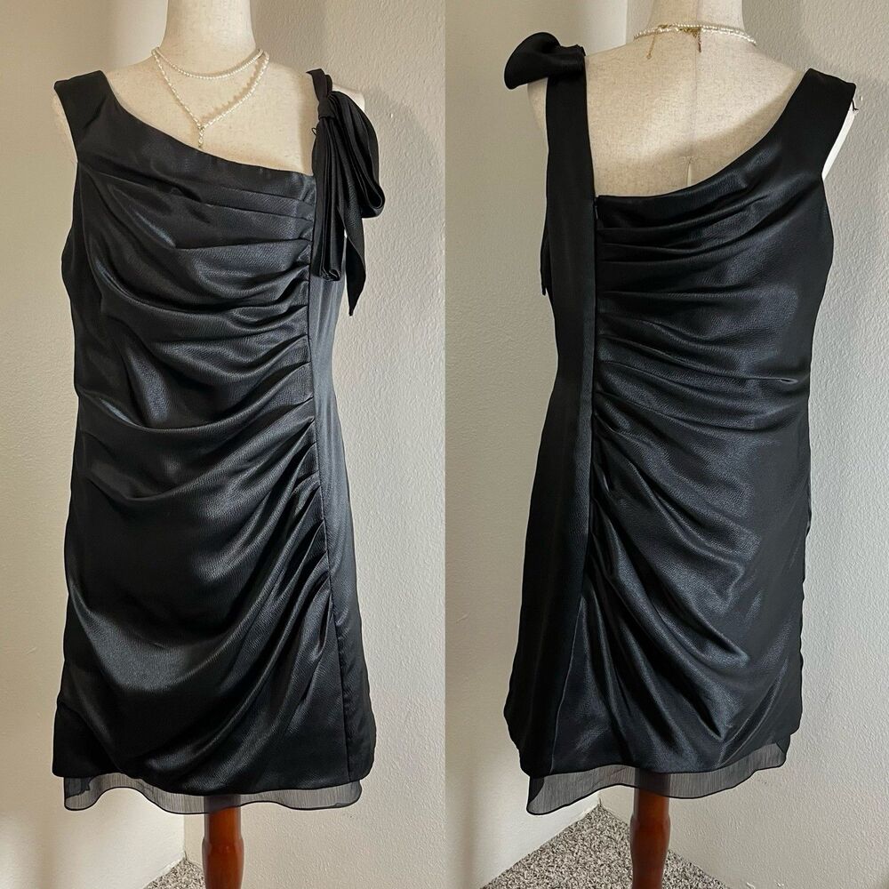 WHITE By VERA WANG Size 16 Sheath Dress Black Cocktail Bridesmaid Ruched Bow Zip